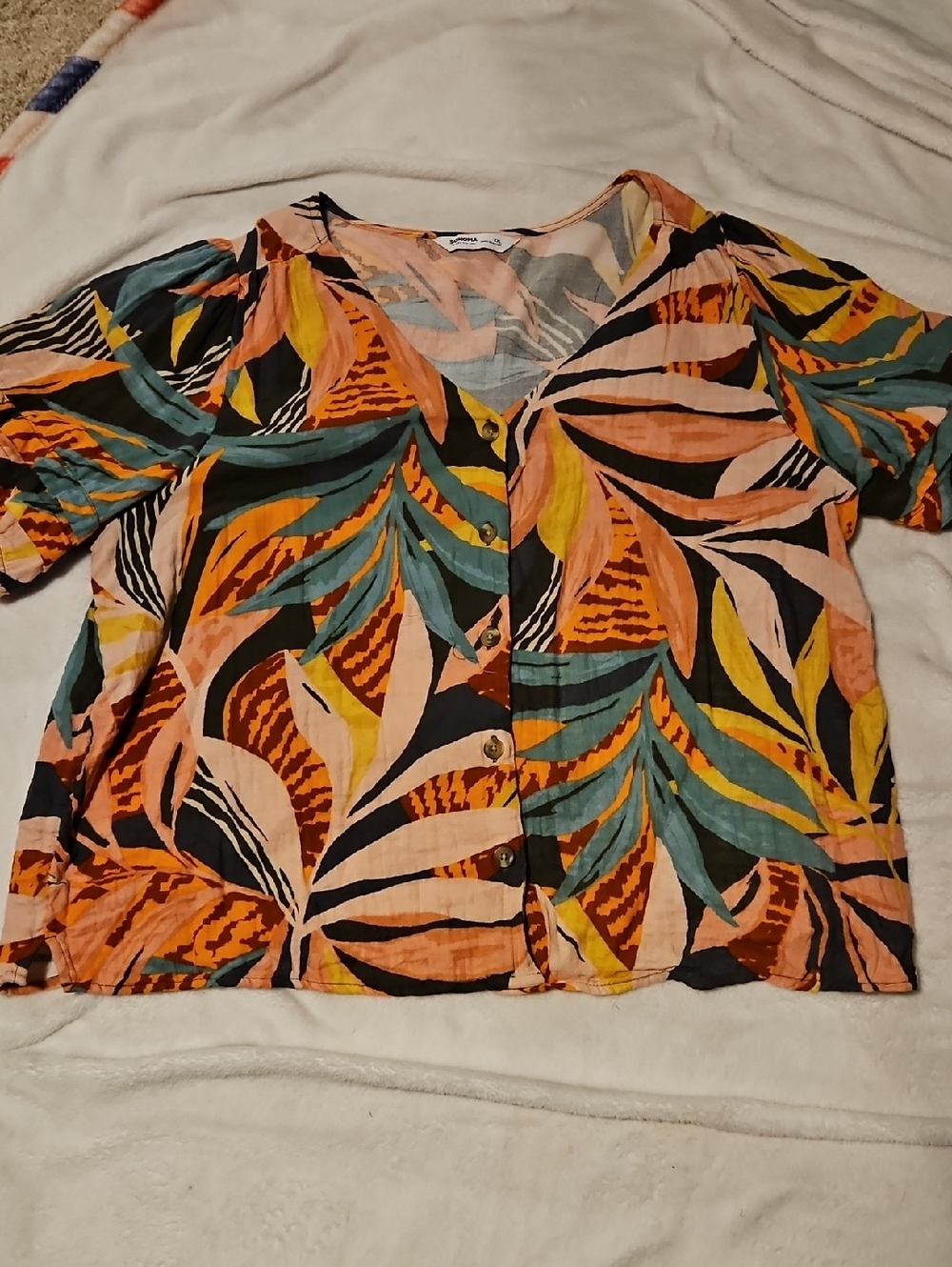 Sonoma Tropical Leaf Button-Front Top in Coral, Teal & Mustard